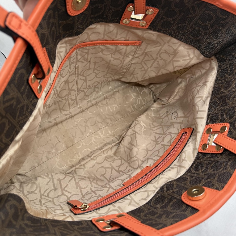 Calvin Klein Tote Bag Womens Large Brown Orange Logo Monogram Shoulder Purse CK - Picture 6 of 11